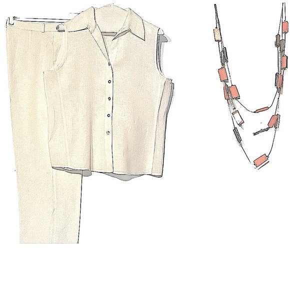 Linen Pant Suit Vintage Beach Nautical White Zipper Sleeveless Dry Cleaned Nice - Picture 1 of 16